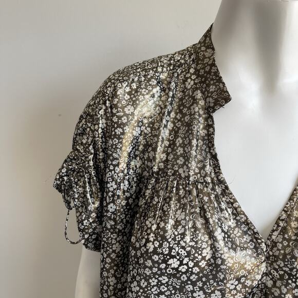 Anthropologie Current Air Metallic Gold Shimmer Ditsy Floral Top Size Small - Picture 6 of 11